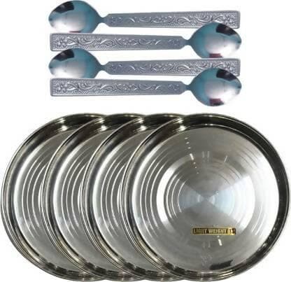 SHINI LIFESTYLE Steel Dinner Plates 8 pcs an spoons 8pcs for dinner with laser design (pack of 16) - HalfPe