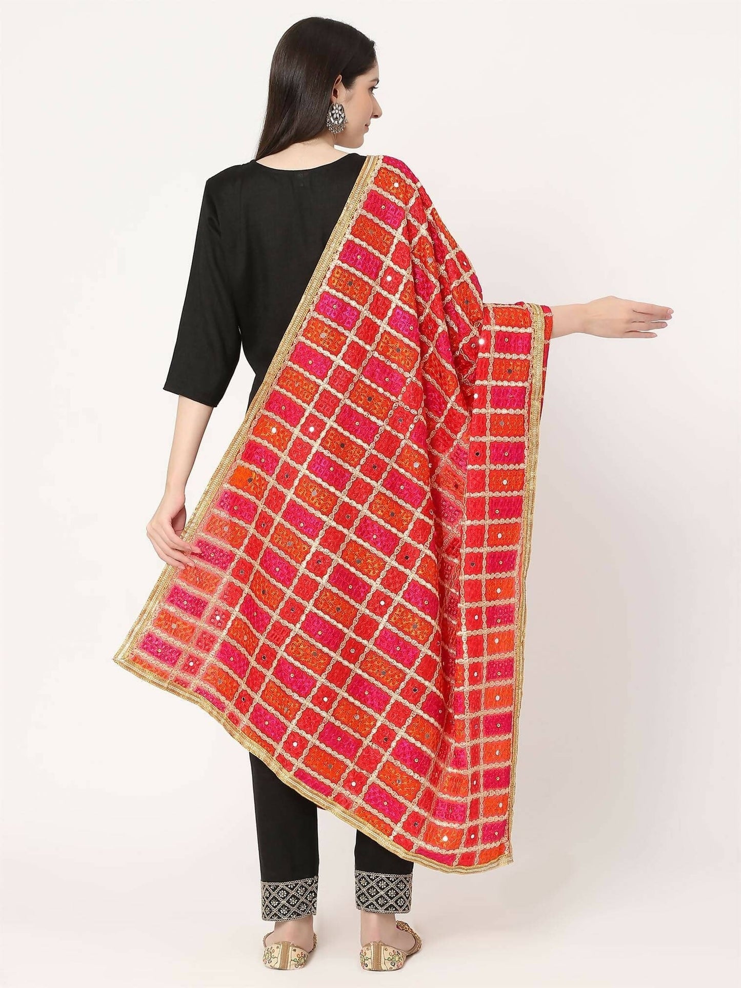 Red Embroidery Phulkari Dupattai With Mirror Work - HalfPe