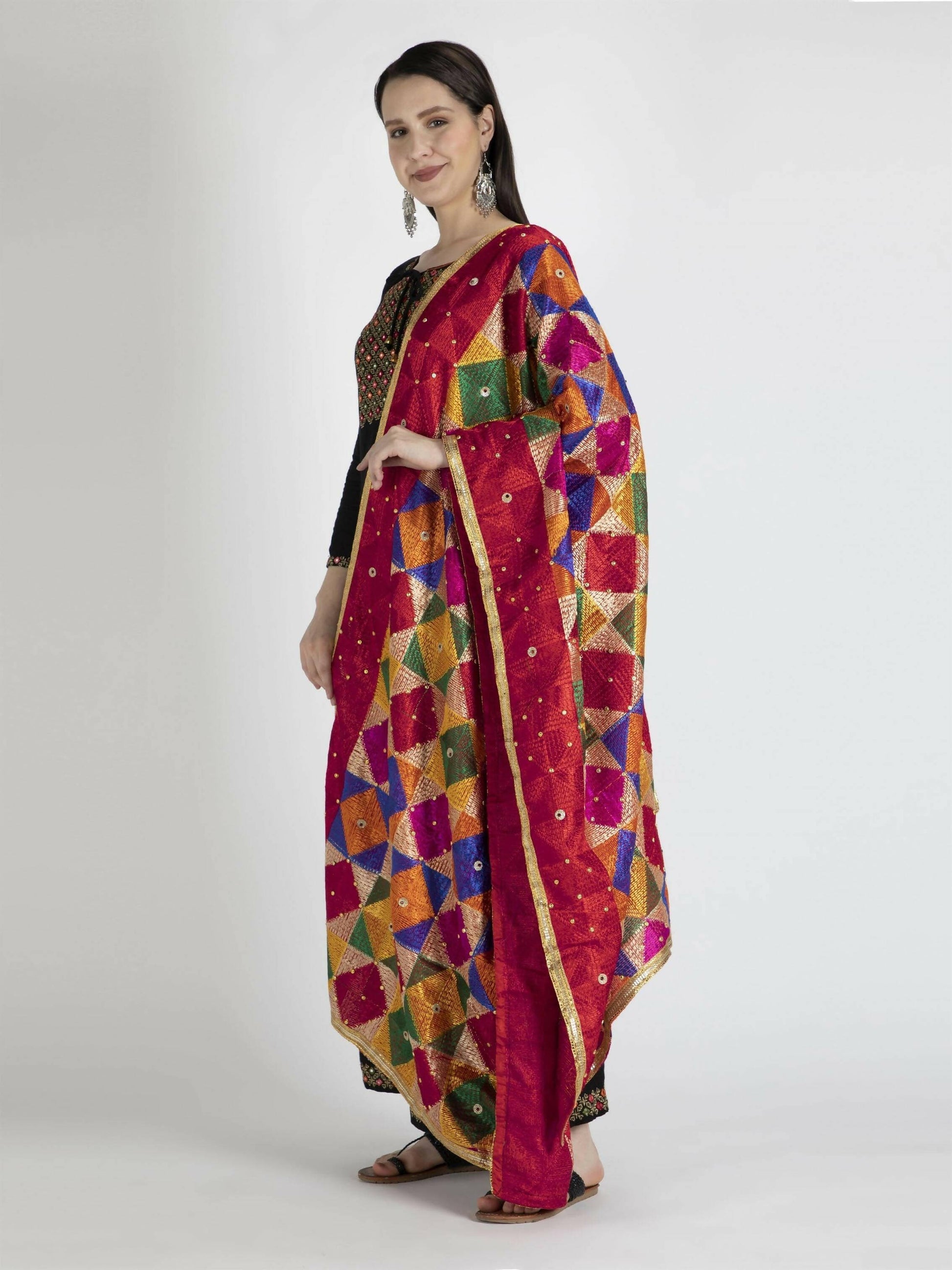 Multicolour Phulkari with gold Lace dupatta - HalfPe