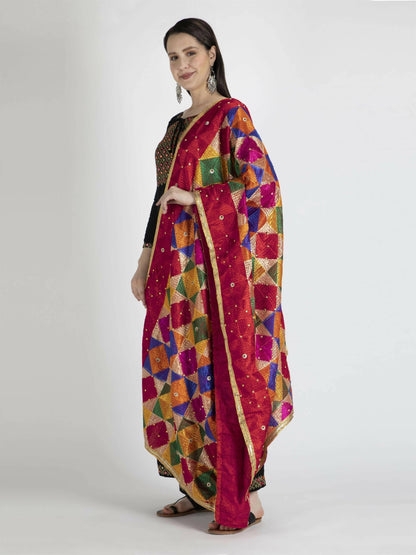 Multicolour Phulkari with gold Lace dupatta - HalfPe