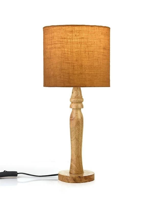 Green Girgit Round Brown Lamp With Brown Jute Shade - HalfPe