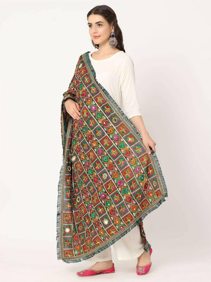 Green Mullticolour Embroidery Phulkari Dupatta with Mirror Work - HalfPe