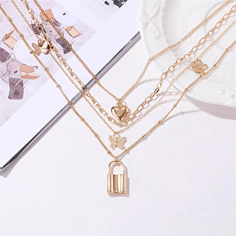 Pinapes Gold Plated Valentine Love Heart Necklace Golden Chain Pendant for Women & Girls lock Pendant Chain - HalfPe