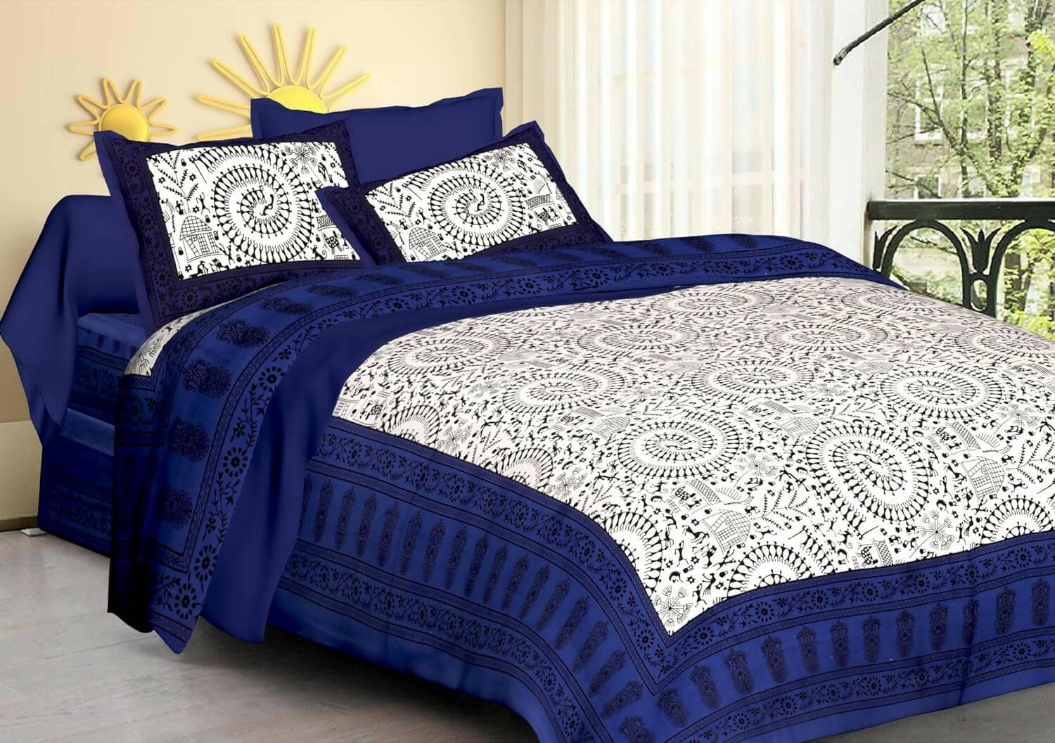 Jaipuri Traditional Cotton Mandala Double Bedsheet with 2 Pillow Covers (Color : Multicolour) - HalfPe