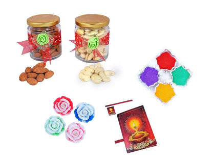 MANTOUSS Diwali Dry Fruit Decorative Glass Jar-Almond and Cashew(100gms Each),200 GMS + 2 Floating Diya, Diwali Greeting Card and Rangoli Colours - HalfPe