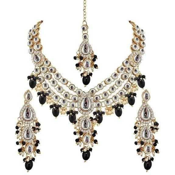 LUCKY JEWELLERY Gold Plated White Black Color Tika Earring Necklace Combo Kundan Jewellery Set - HalfPe