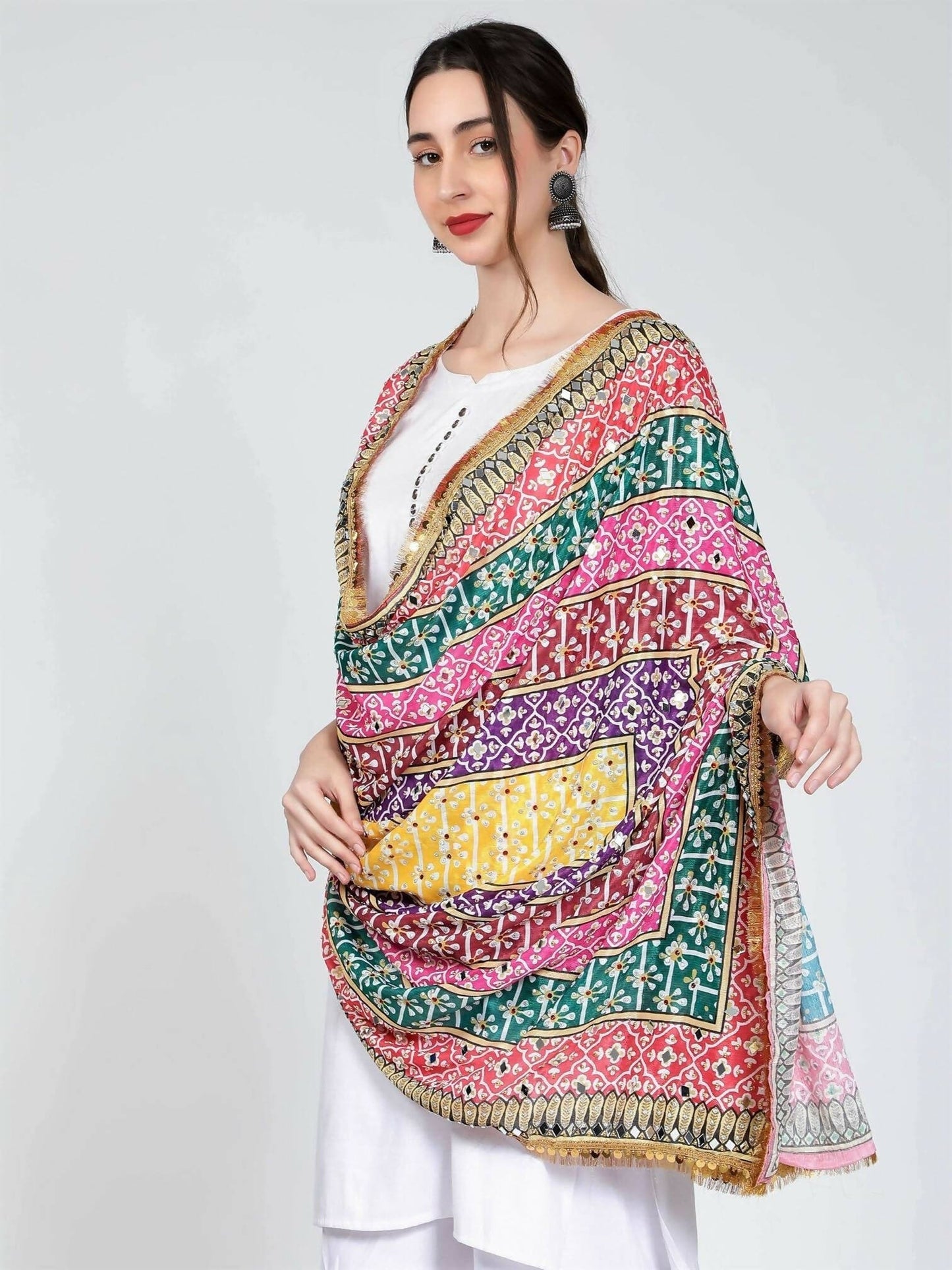 Chiffon Digital Print Pakistani Dupatta with Mirror Work(pink border) - HalfPe