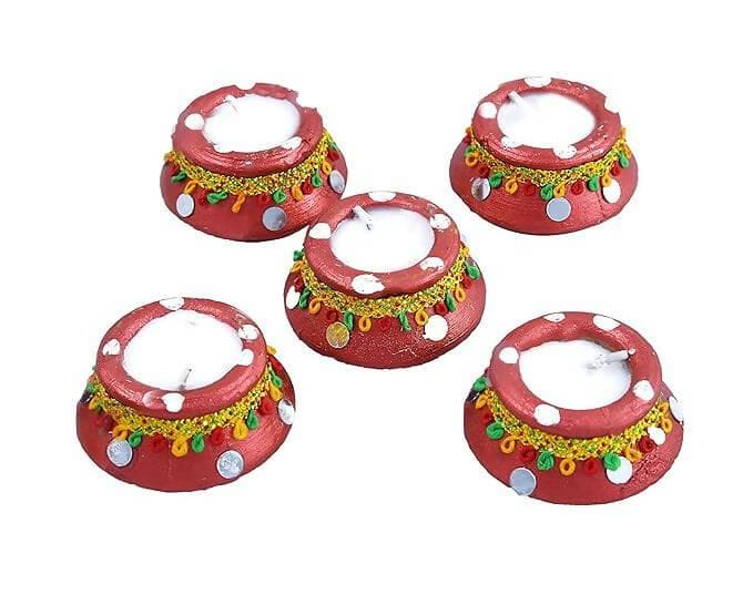 MANTOUSS Diwali Dry Fruit Decorative Glass Jar-Almond and Raisin(100gms Each),200 GMS + 2 Matki Wax Filled Diya, Diwali Greeting Card and Rangoli Colours - HalfPe