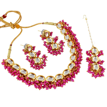 LUCKY JEWELLERY Back Meenakari 18k Gold Plated Magenta Color Tika Earring Combo Uncut Big Faux Kundan Choker Necklace set - HalfPe