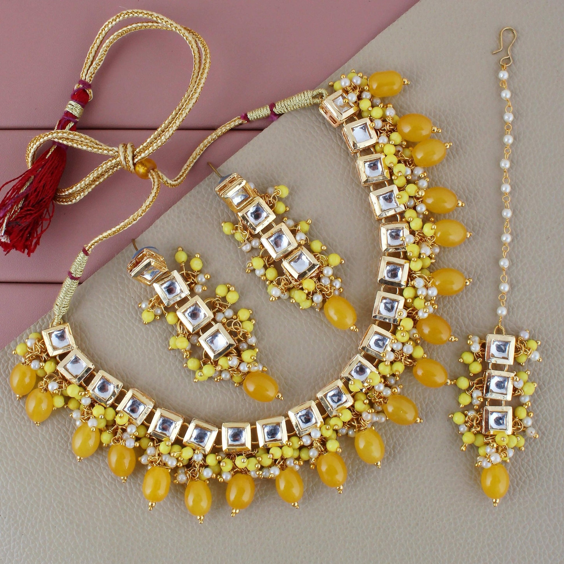 LUCKY JEWELLERY Back Meenakari 18k Gold Plated Yellow Color Tika Earring Combo Uncut Big Faux Kundan Choker Necklace set (660-J5SK-1664-Y) - HalfPe