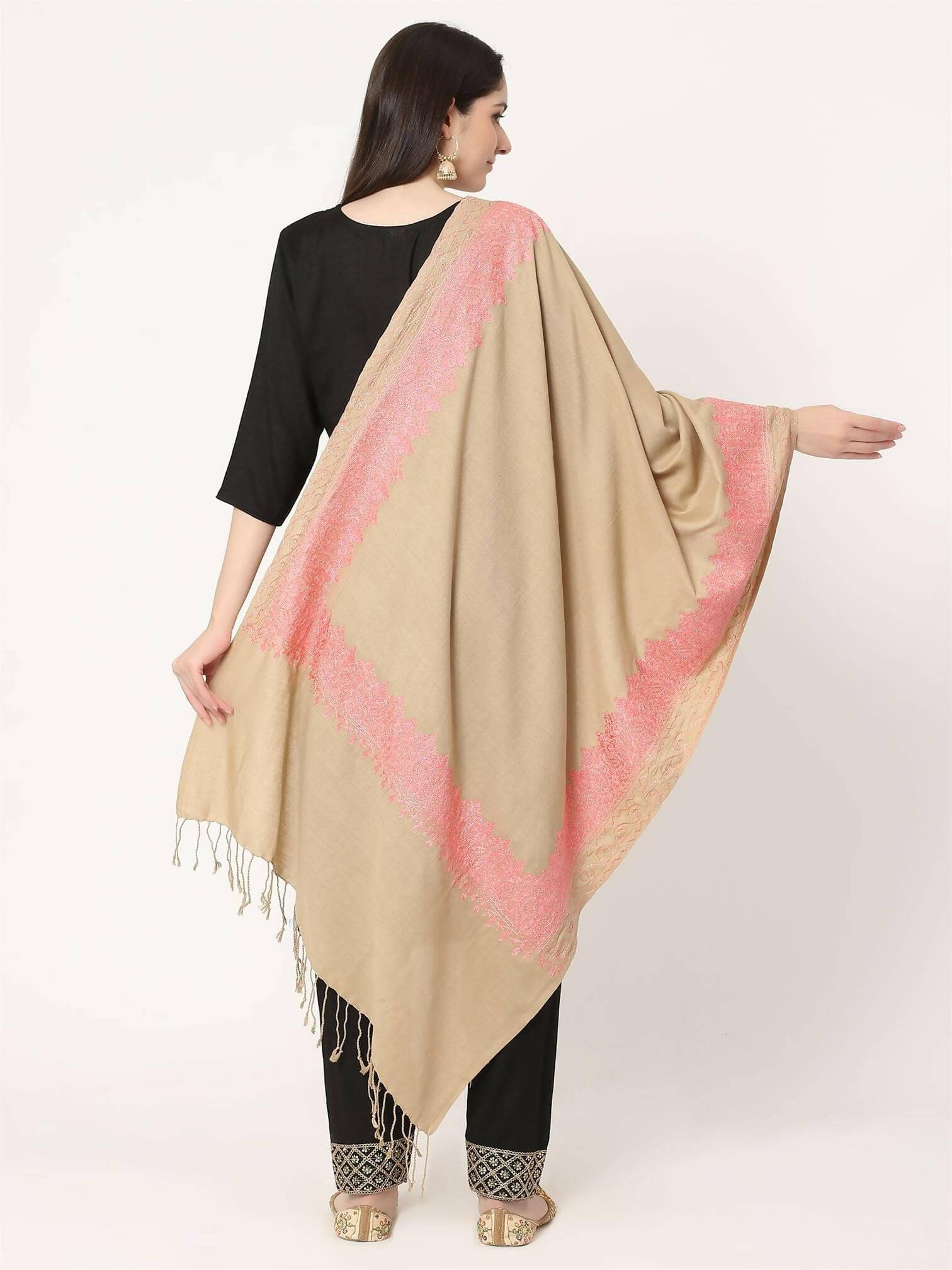 Beige and Baby Pink Embroidered Stole for women - HalfPe