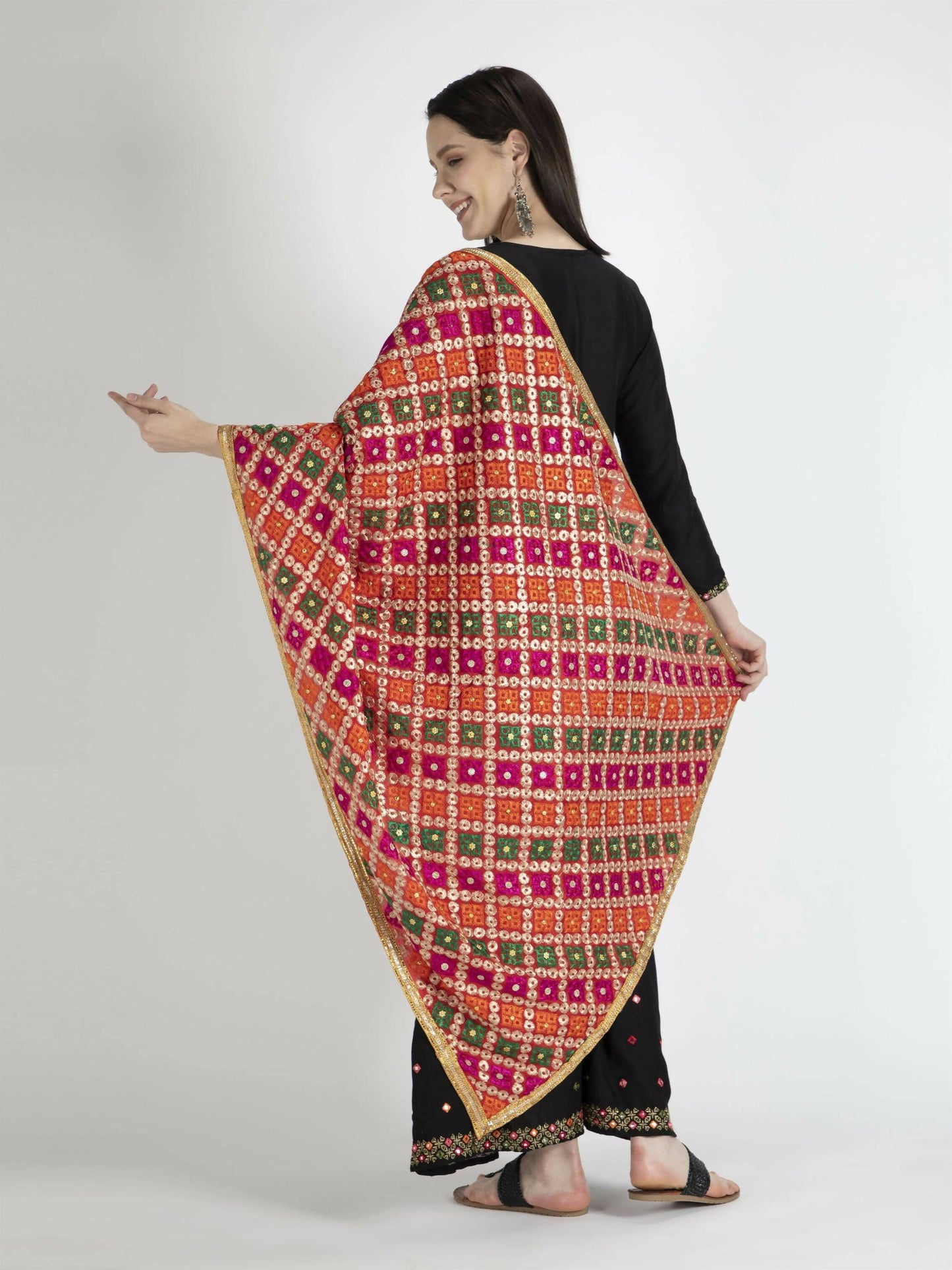 Phulkari with gold Lace and mirror work (multi-color) - HalfPe