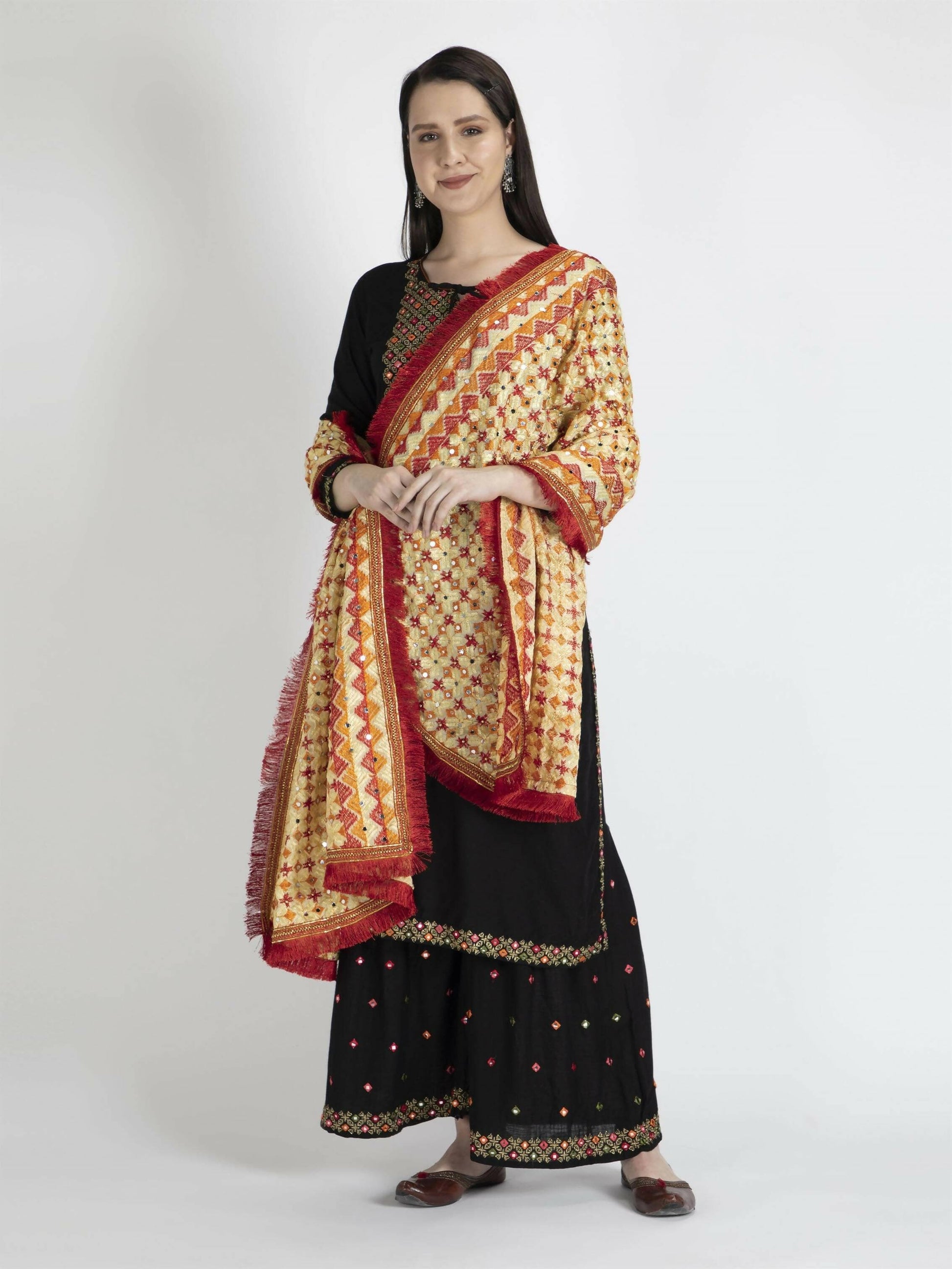 Phulkari Dupatta with Mirror Work (Beige Red) - HalfPe