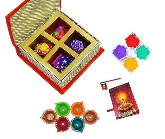 MANTOUSS Happy Diwali Premium Chocolate Box + 4 Cute Diya, Diwali Greeting Card and Rangoli Colours - HalfPe