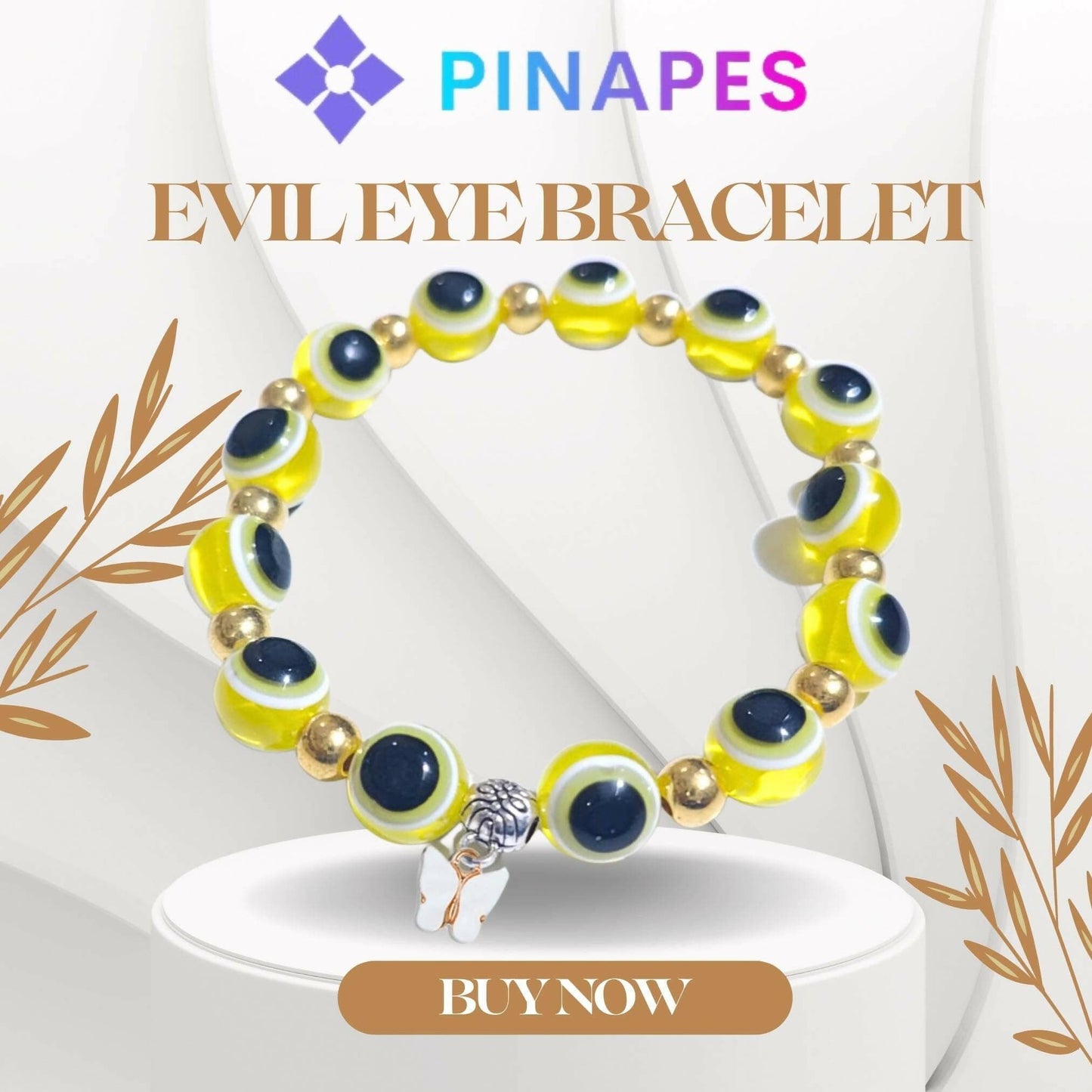 Pinapes white Butterfly Beads and Evil Eye Charm Bracelet A Must-Have for Fashionable and Superstitious Women (yellow) - HalfPe