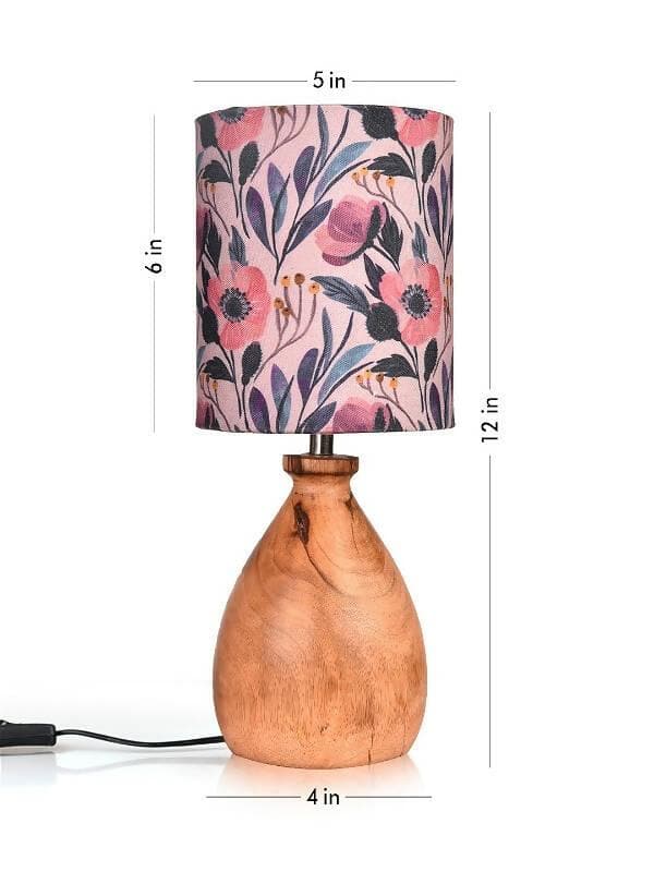 Wooden Dome Table Lamp Pink Floral Shade - HalfPe