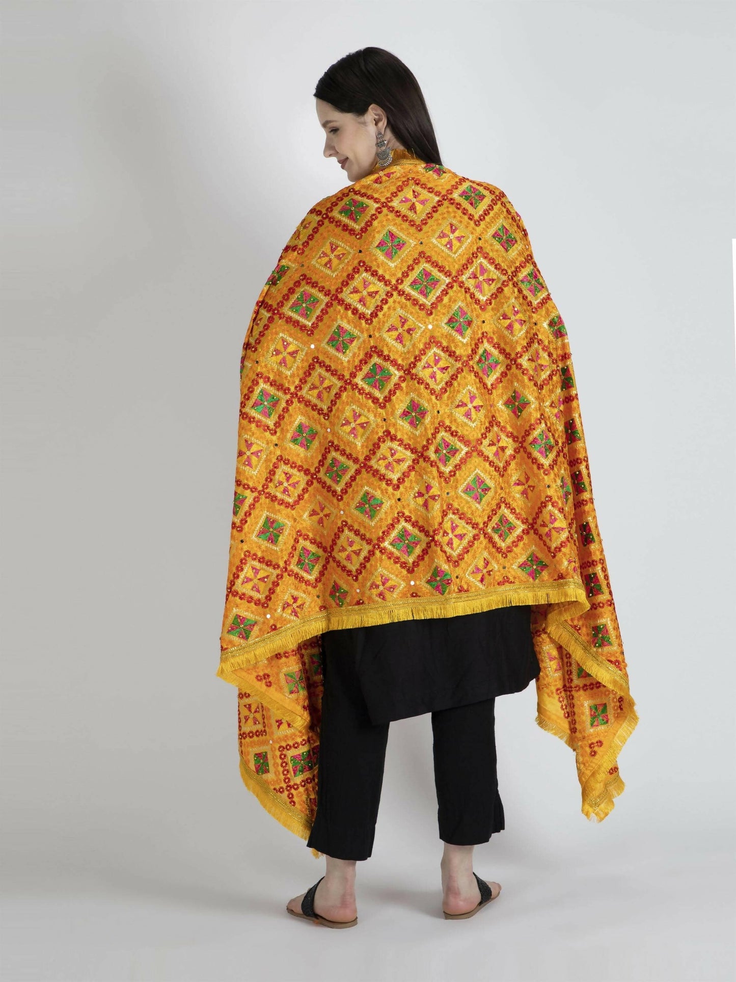 Multicolour design Phulkari dupatta with Heavy Lace (Yellow) - HalfPe