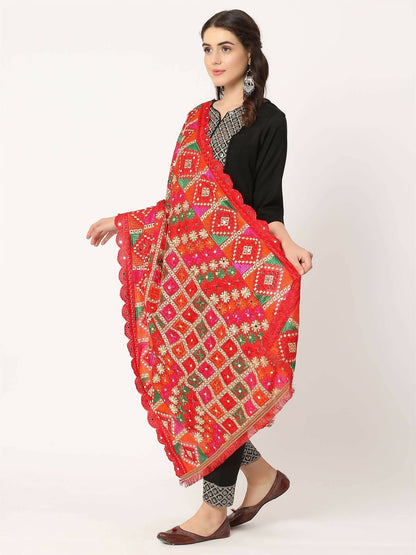 Red Check Design Mullticolour Embroidery Phulkari Dupatta with Beads - HalfPe