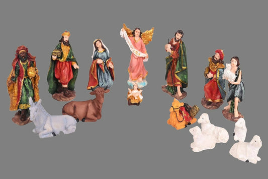 KariGhar Resin Crib Set Idol Statue for Christmas Nativity Scene, Gifting, Pack Crib House, Mary, Joseph, Baby Jesus, Angel, 3 Wise Men, The Shepherd, 7 Animals, 15 Pieces (4 Inch) - HalfPe