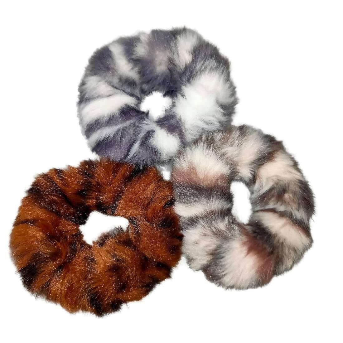 SENECIO Tiger Striped Print Soft Faux Fur Scrunchies Multicolor Hair Tie Ponytail Holder Rubber Band (3pc) - HalfPe