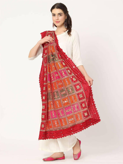 Maroon Multicolour Embroidery Phulkari Dupatta with Mirror Work - HalfPe