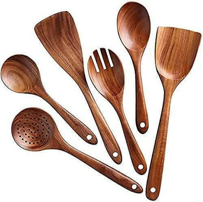 INAYA HOUSE Wooden Serving and Cooking Spoon, Ladles & Turning Spatulas Kitchen Non Stick Utensil (Set of 6) - HalfPe