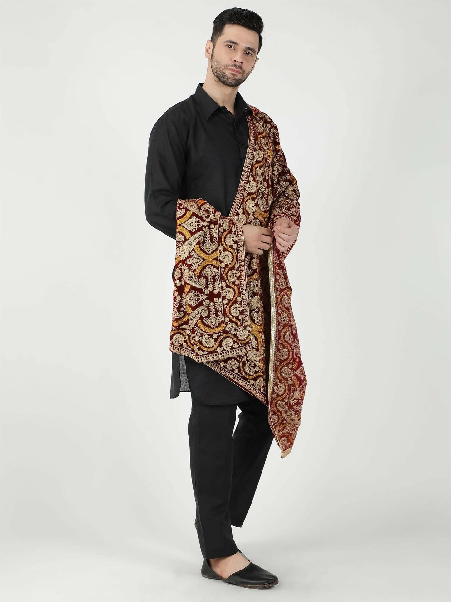 Maroon and Mustard Paisley Patterned Embroidered Velvet Shawl - HalfPe