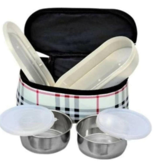 white Topware lunch box check 3 container tiffin with insulated bag - HalfPe