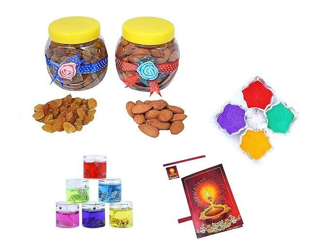 MANTOUSS Diwali Dry Fruit Decorated Jar-Almond and Raisin(100gms Each),200 GMS + 2 Gel Filled Glass Candle, Diwali Greeting Card and Rangoli Colours - HalfPe