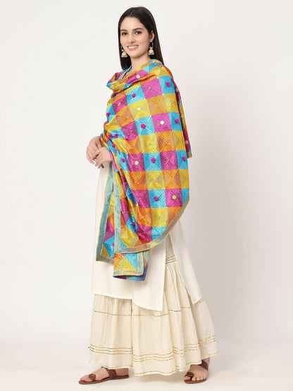 Multicolour Embroidery Phulkari Dupatta with Golden Beads - HalfPe