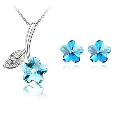 SENECIO Leafy Floral Blue Austrian Crystal Silver Plated Women Pendant Necklace Earrings Set - HalfPe