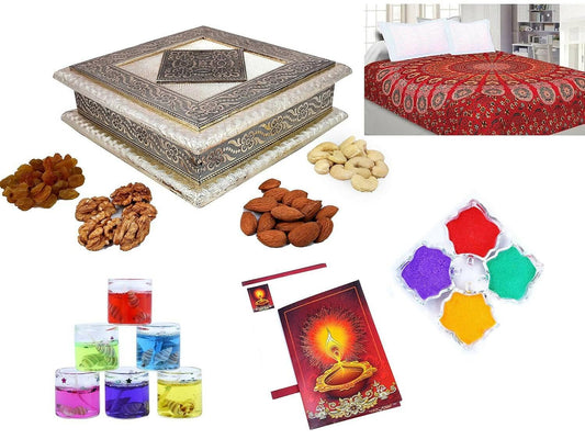 Diwali Dry Fruit Gift Pack-Cashew,Almond,Walnut and Raisin (100gms Each) 400gms+Mandala bedsheet+2 Gel Glass Candle,Card and Rangoli Colours (Dry Fruits+Glass Wax Candle+Mandala BEDSHEET) - HalfPe