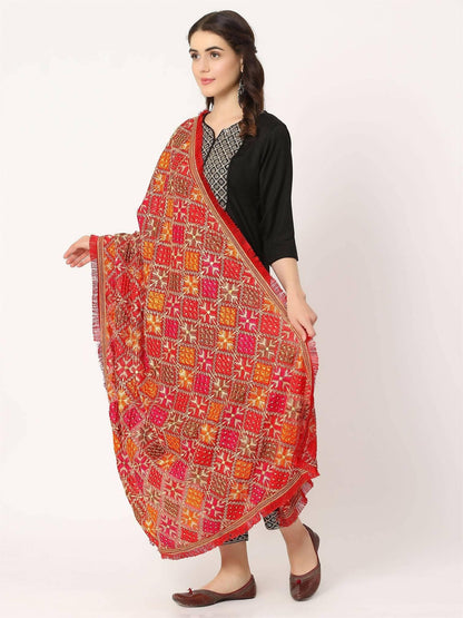 Red Multicolour Embroidery Phulkari Dupatta with Beads - HalfPe