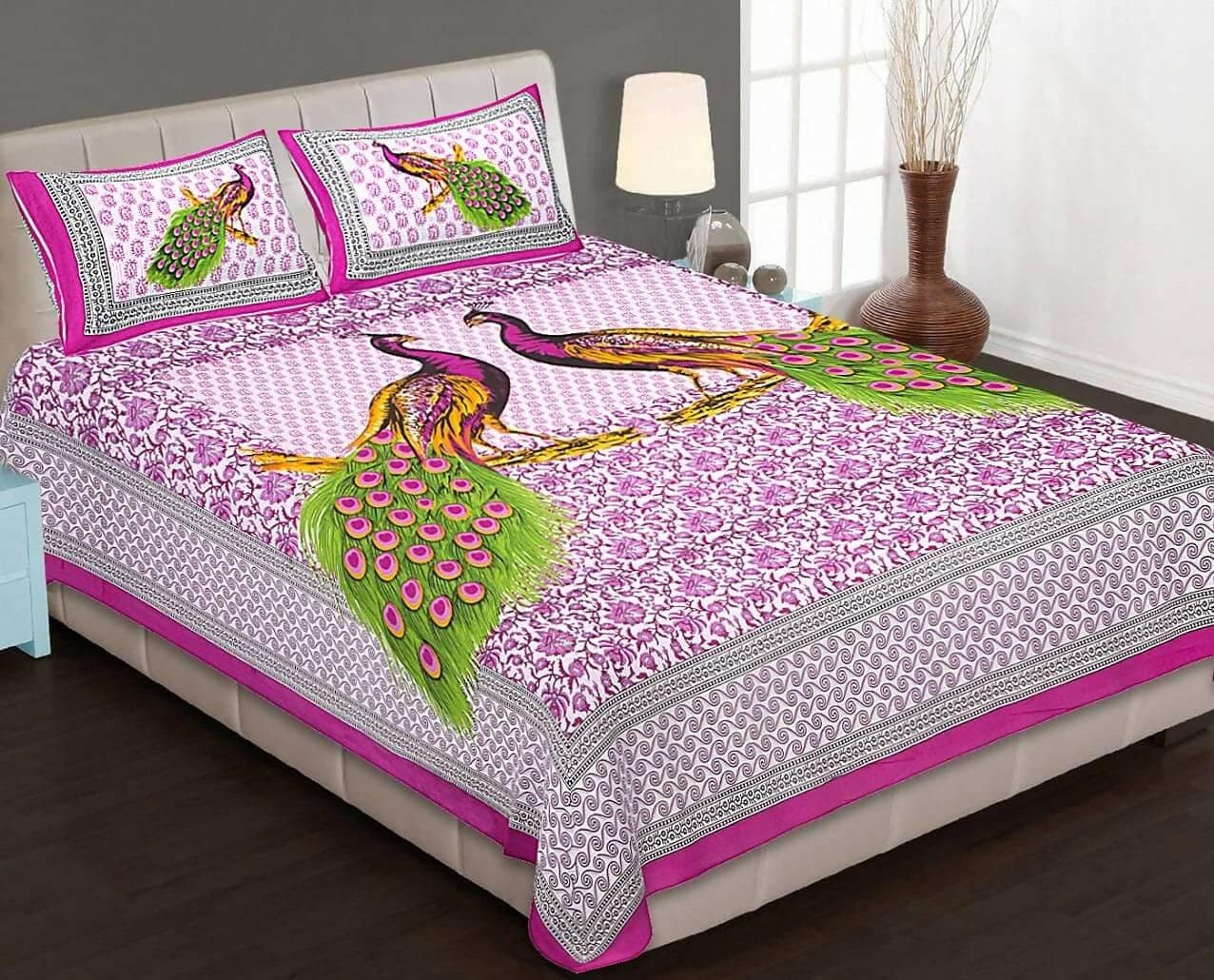 Jaipuri Cotton Pink Double Bedsheet Jaipuri Peacock Print with 2 Pillow Covers for Living Room - HalfPe