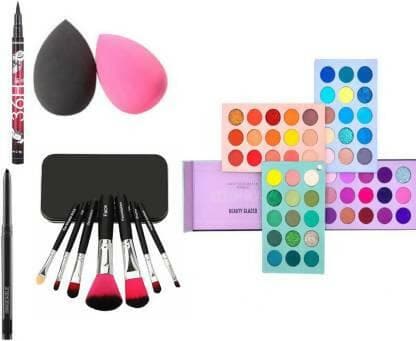 Bingeable HDA 60 Color Board Eye Shadow Palette Shimmer Matte and Glitter& Black Kajal & 36H Eyeliner& 7 Pcs Brush Set& 2 Pcs Puff (Pack of 5 Items ) - HalfPe