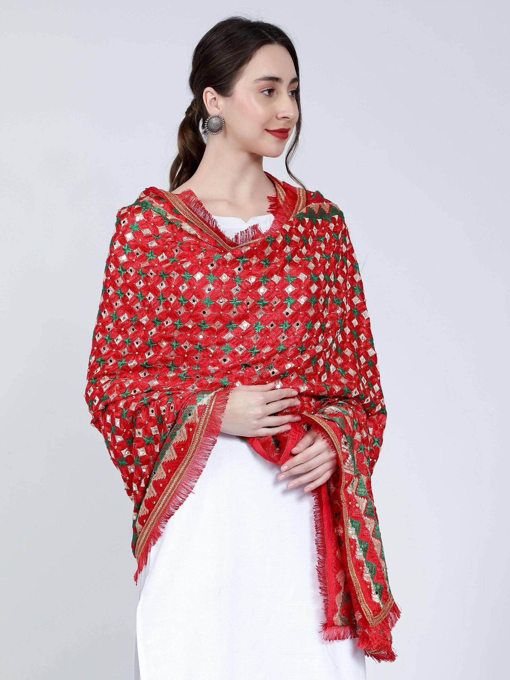 Phulkari Dupatta with Beads (Red and Green ) - HalfPe