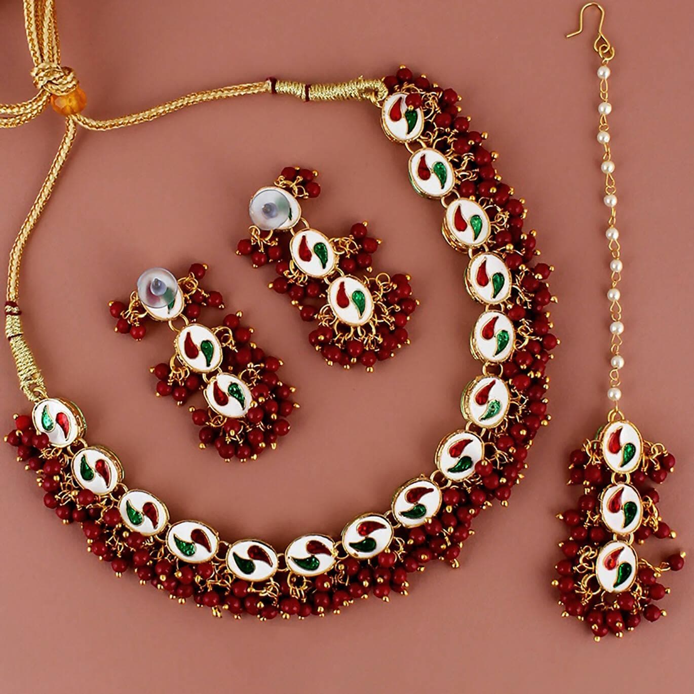 LUCKY JEWELLERY Back Meenakari 18k Gold Plated Maroon Color Tika Earring Combo Uncut Big Faux Kundan Choker Necklace set with large stones - HalfPe