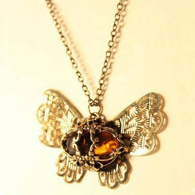 SENECIO Vintage Look Amber Stone Butterfly Filigree Carved Floral Beautiful Long Chain Crystal Bronze Necklace - HalfPe