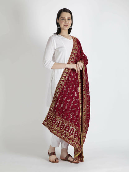 Red Embroidered Dupatta For Women - HalfPe