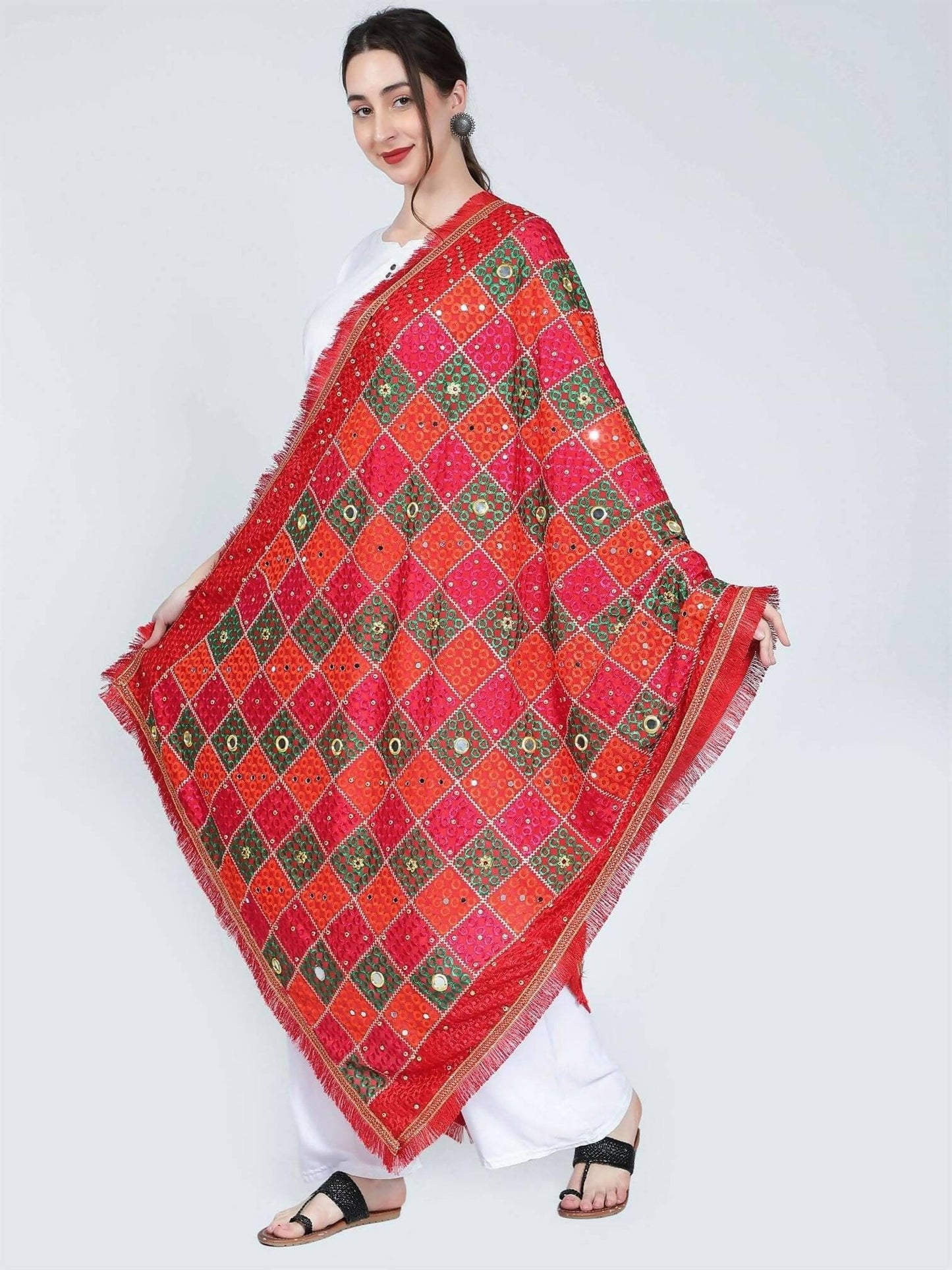 Multicolour Phulkari Dupatta with mirror work (Magenta Green Orange) - HalfPe