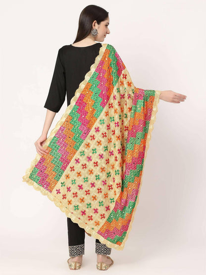 Red Multicolour Check Design Embroidery Phulkari Dupatta - HalfPe