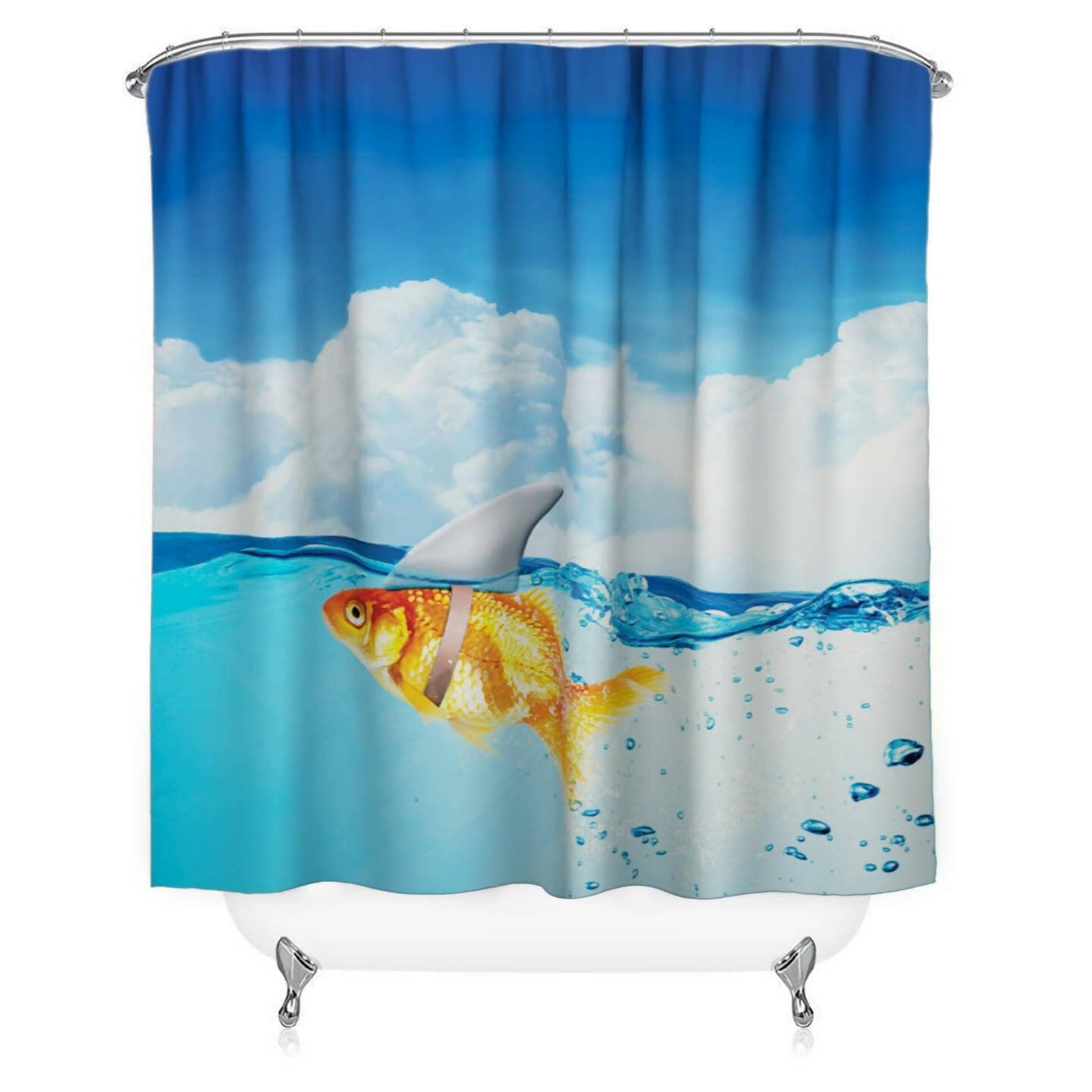 Lushomes shower curtain, Gold Fish Printed, Polyester waterproof 6x6.5 ft with hooks, non-PVC, Non-Plastic, For Washroom, Balcony for Rain, 12 eyelet & no Hooks (6 ft W x 6.5 Ft H) - HalfPe