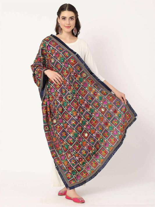 Blue Multicolour Embroidery Phulkari Dupatta with Mirror Work - HalfPe