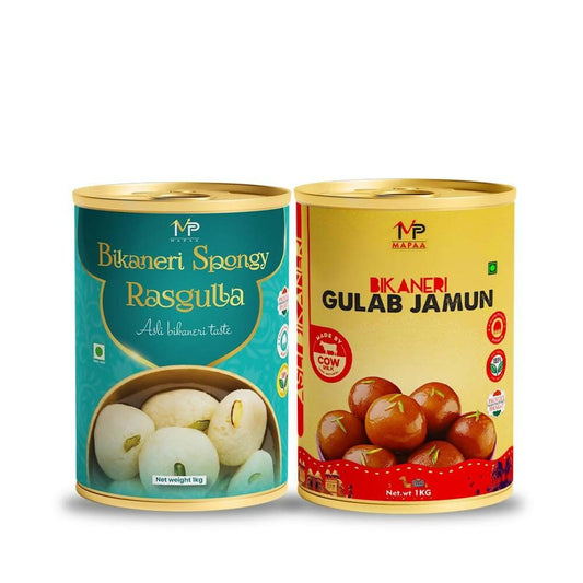 MAPAA's Bikaneri Premium Spongy Rasgulla & Bikaneri Gulab Jamun Combo Mithai Combo (2x1Kg) 2 KG - HalfPe