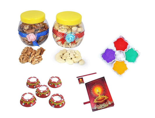 MANTOUSS Diwali Dry Fruit Decorated Jar-Cashew and Walnut(100gms Each),200 GMS + 2 Matki Wax Filled Diya, Diwali Greeting Card and Rangoli Colours - HalfPe