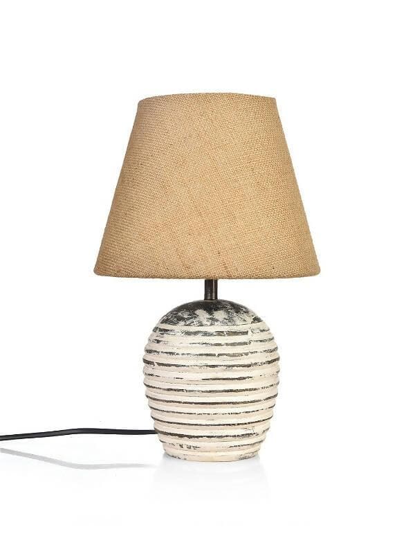 Striped Wooden White Lamp With Brown Jute Shade - HalfPe