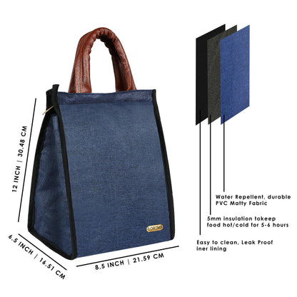 LOREM Linen Textured Insulated Tiffin Bag/Lunch Bag (Blue) - HalfPe