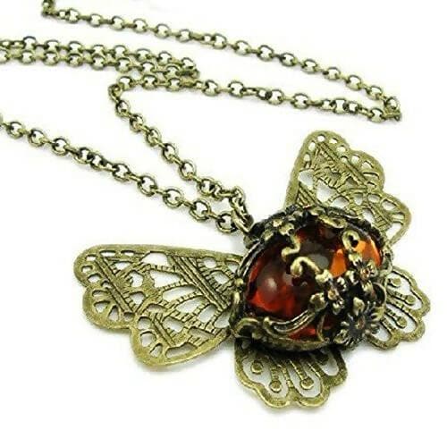 SENECIO Vintage Look Amber Stone Butterfly Filigree Carved Floral Beautiful Long Chain Crystal Bronze Necklace - HalfPe