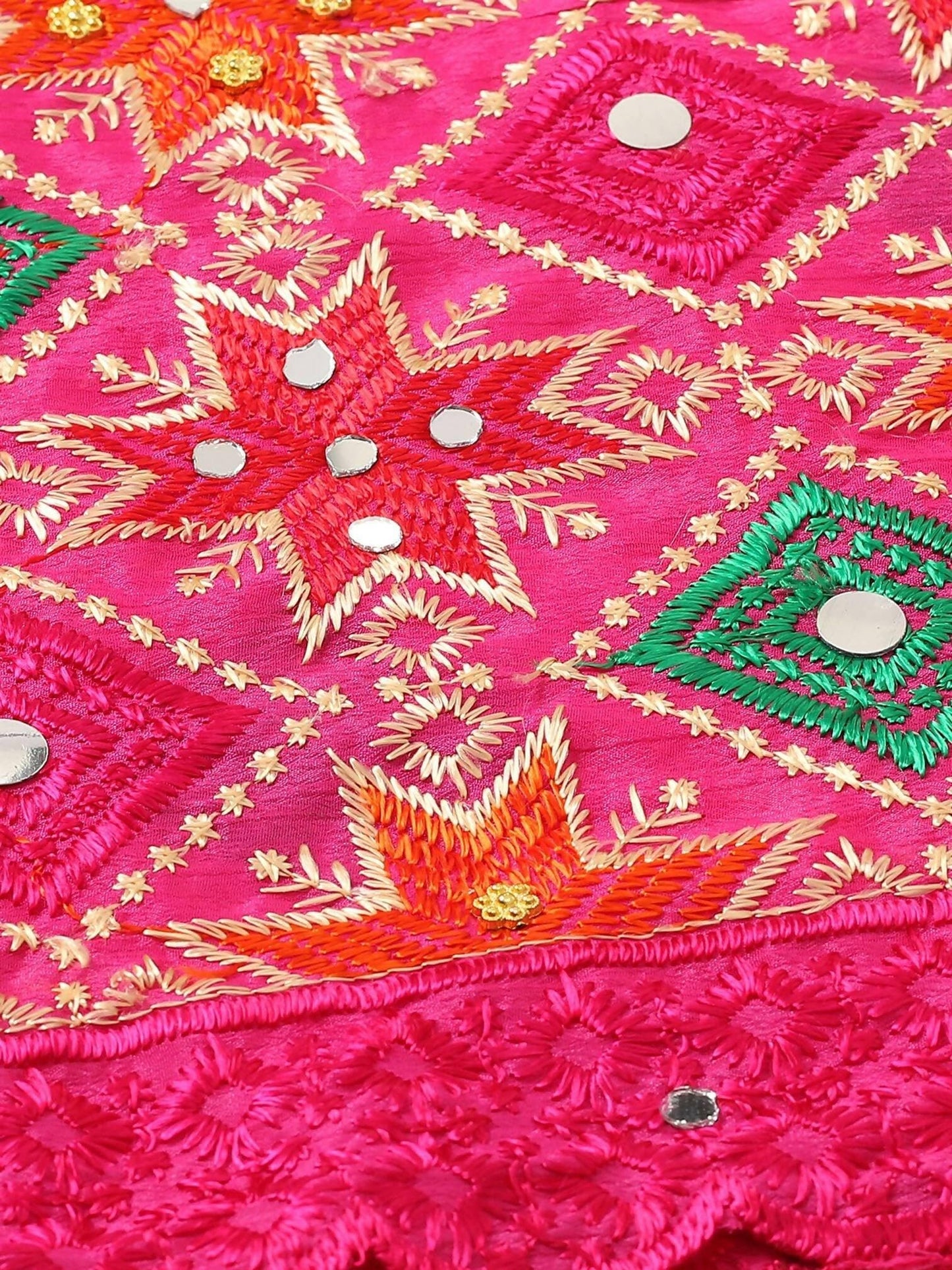 Magenta Multicolour Embroidery Phulkari Dupatta with Mirror Work - HalfPe