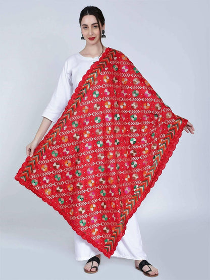 Phulkari dupatta with mirror work (Red, multicolor design) - HalfPe